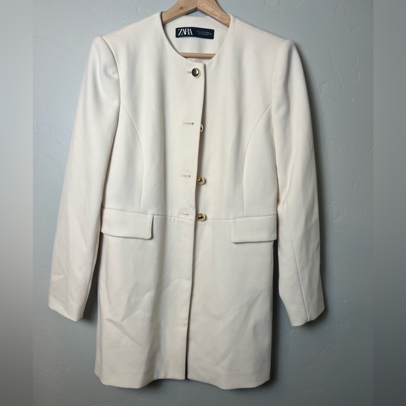 ZARA Collarless Jacket Lined Long Length Gold Buttons Large - Picture 2 of 6